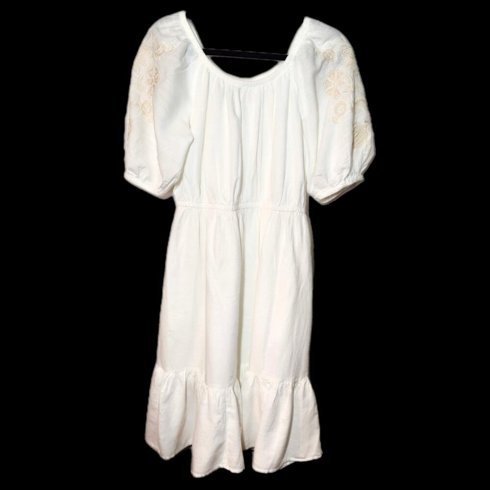 Boho White Embroidered Puff Sleeve 
Midi Prairie‎ Dress Gauze Feminine Medium